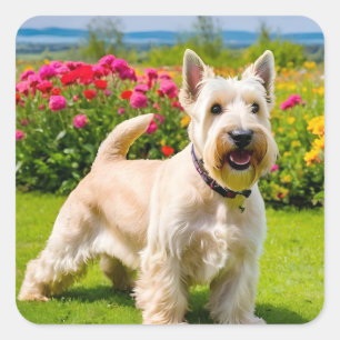 Adesivo Quadrado Wheaten Scottish Terrier tocando Flores Grass