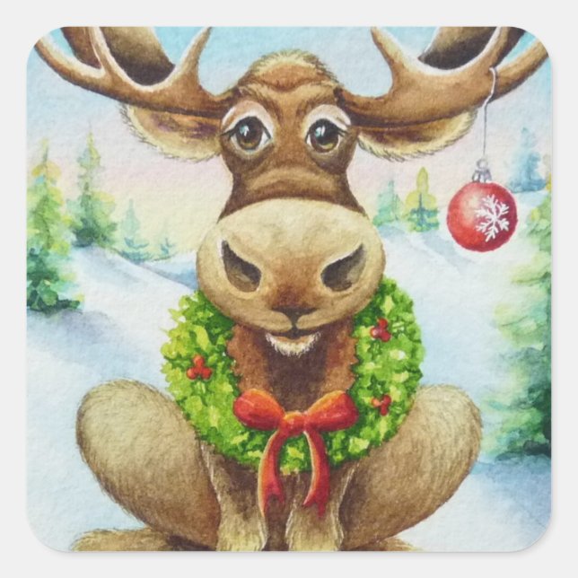 Adesivo Quadrado Whimical Winter Christmas Moose Watercolor Art (Frente)