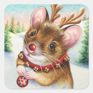Adesivo Quadrado Whimsic North Pole Reindeer Mouse Watercolor Art