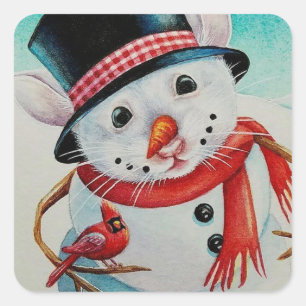 Adesivo Quadrado Whimsic North Pole Snowman Mouse Watercolor Art