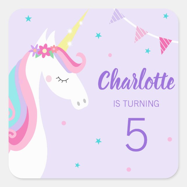 Adesivo Quadrado Whimsic Rainbow Unicorn Purple 5 Birthday (Frente)