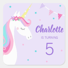 Adesivo Quadrado Whimsic Rainbow Unicorn Purple 5 Birthday