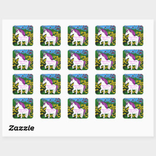 Adesivo Quadrado Whimsic White Purple Birthday Unicorn