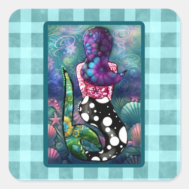 Adesivo Quadrado Whimsical Abstract Mermaid Nautical Teal Seashells (Frente)