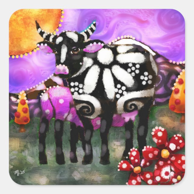 Adesivo Quadrado Whimsical Abstract Momma & Baby Cow Funky Farm (Frente)