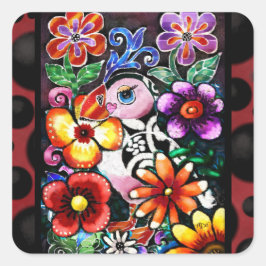 Adesivo Quadrado Whimsical Abstract Puffin Bird in Flowers