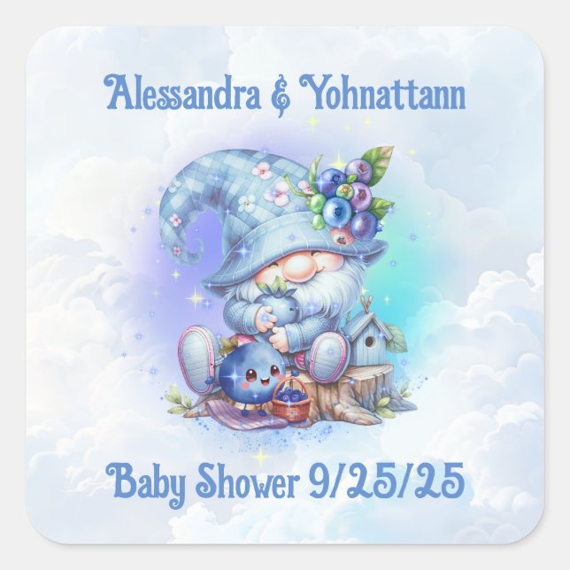 Adesivo Quadrado Whimsical Baby Shower Blueberry Gnome Theme (Frente)