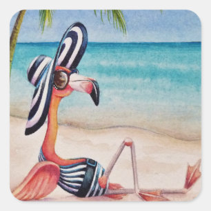 Adesivo Quadrado Whimsical Beach Babe Flamingo No. 1 Watercolor Art