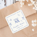 Adesivo Quadrado Whimsical Blue Wavy Frame Cream Wedding<br><div class="desc">Whimsical light cream stickers for your save the date announcements, engagement party, rehearsal dinner, wedding and reception invitations, and party favors featuring a french blue scalloped wavy frame border adorned with coquette bows, whimsical hand drawn illustrations of a heart, stars and wine glasses, and the names of the bride and...</div>
