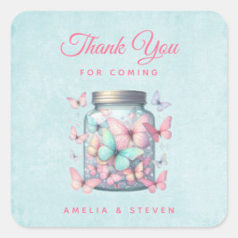 Adesivo Quadrado Whimsical Butterflies in a Jar Wedding Thank You