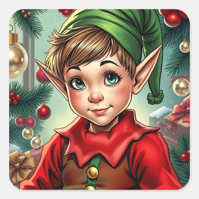 Adesivo Quadrado Whimsical Cartoon Elf | Christmas (Frente)