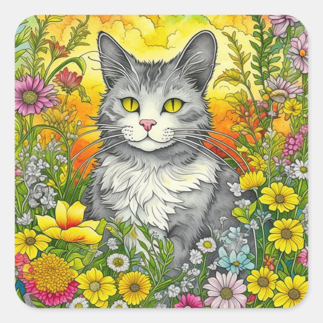 Adesivo Quadrado Whimsical Cat and Flowers (Frente)