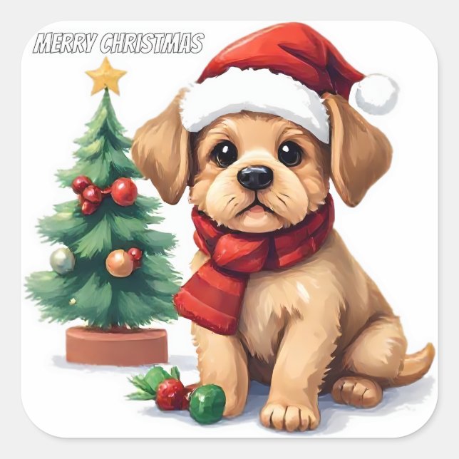 Adesivo Quadrado Whimsical Christmas Puppy Sticker | "Merry Christm (Frente)