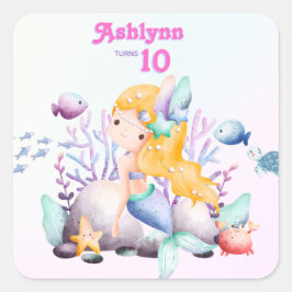 Adesivo Quadrado Whimsical Elegant Under the Sea Blue Mermaid