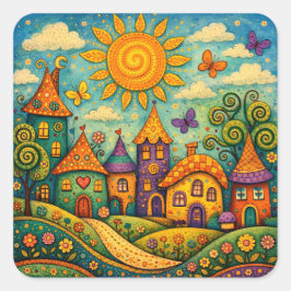 Adesivo Quadrado Whimsical Fairy Tale Village Colorful Canvas Art