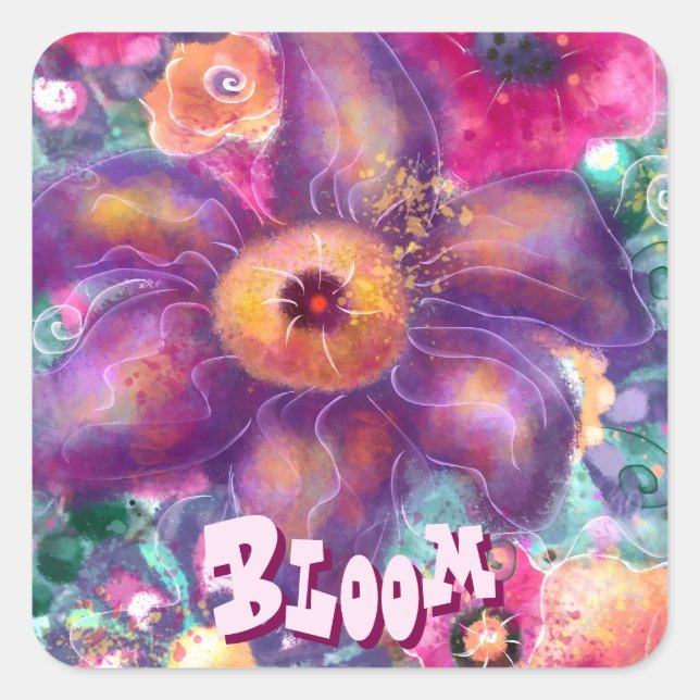 Adesivo Quadrado Whimsical Floral Abstract Art Teal Personalized  (Frente)