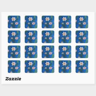Adesivo Quadrado Whimsical Flowers with Blue Background 