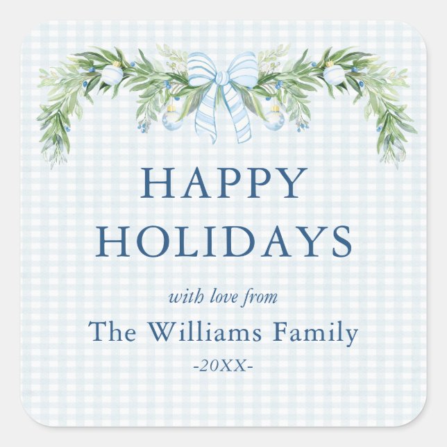 Adesivo Quadrado Whimsical Grandmillenial Gingham Blue Bow Garland  (Frente)