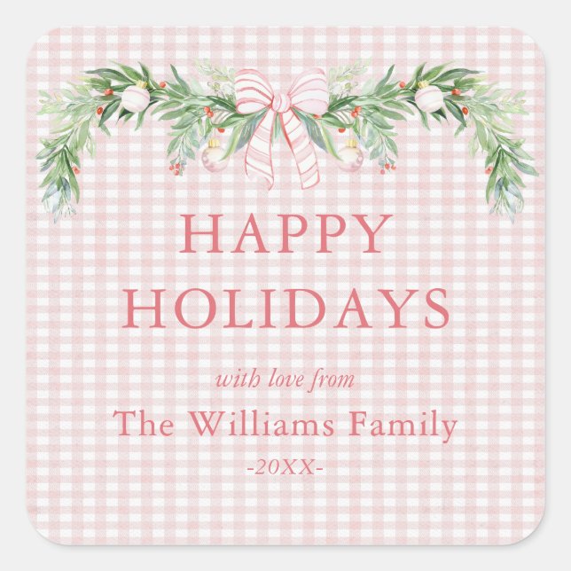 Adesivo Quadrado Whimsical Grandmillenial Gingham Pink Bow Garland  (Frente)