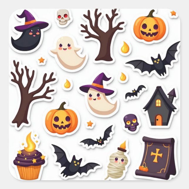 Adesivo Quadrado Whimsical Halloween Sticker Sheet – Cute Ghosts (Frente)