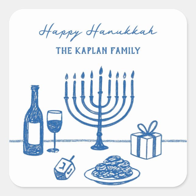 Adesivo Quadrado Whimsical Hand Drawn Hanukkah Party Trendy Custom (Frente)