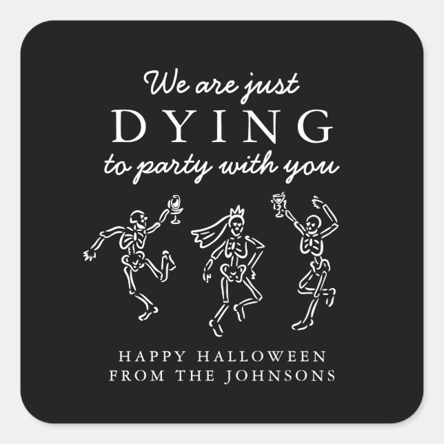 Adesivo Quadrado Whimsical Hand Drawn Skeletons Halloween Party (Frente)