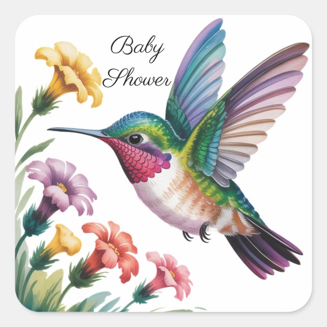 Adesivo Quadrado Whimsical Hummingbird Floral Baby Shower (Frente)