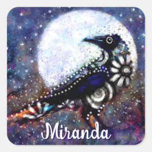 Adesivo Quadrado Whimsical Raven Moon Floral Abstrato Personalizado