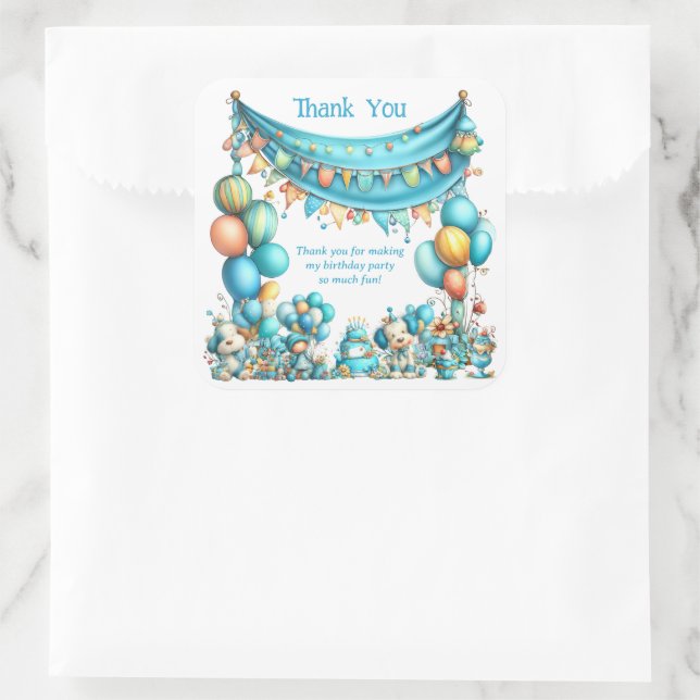 Adesivo Quadrado Whimsical Teal Thank You Birthday  (Bolsa)