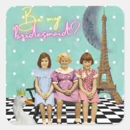 Adesivo Quadrado Whimsical Vintage Kids Bridesmaid Request