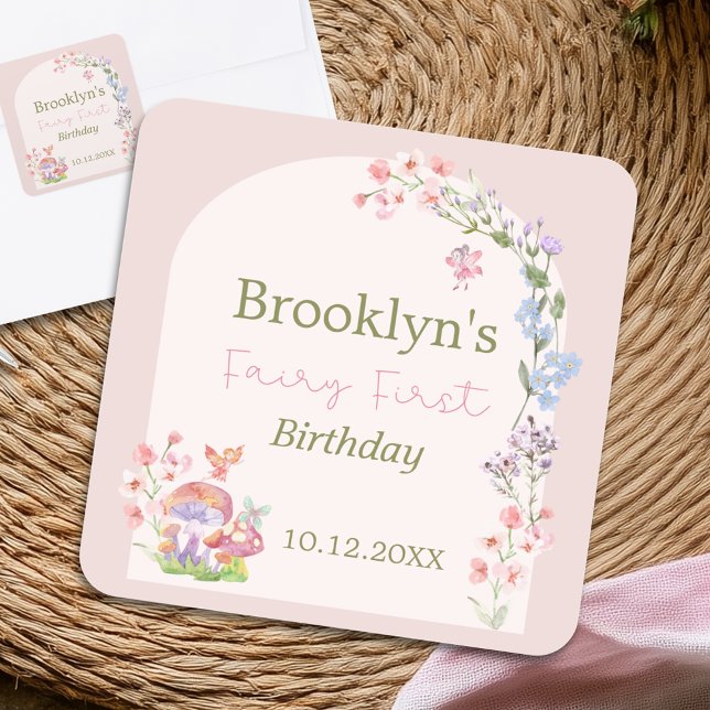 Adesivo Quadrado Whimsical Watercolor Fada Floral Primeiro Aniversá (Whimsical Watercolor Floral Fairy First Birthday Square Sticker)