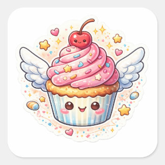 Adesivo Quadrado Whimsical Winged Cupcake – Cute design.