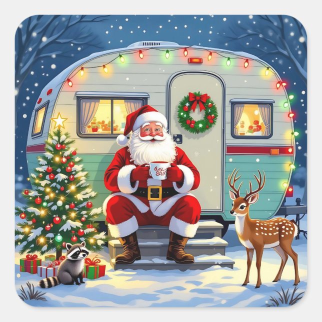 Adesivo Quadrado Whimsical Woodland Christmas and Retro RV Camper (Frente)