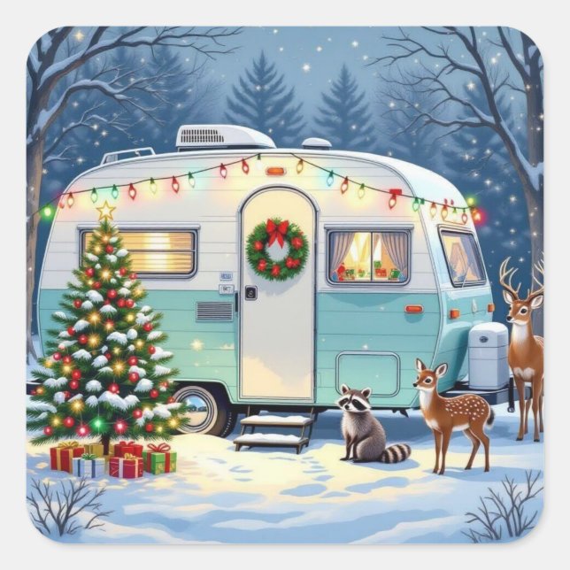 Adesivo Quadrado Whimsical Woodland Creatures and Retro RV Camper (Frente)