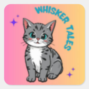 Adesivo Quadrado Whiskers & Tales Vinheta de Gato de Livro de Tem