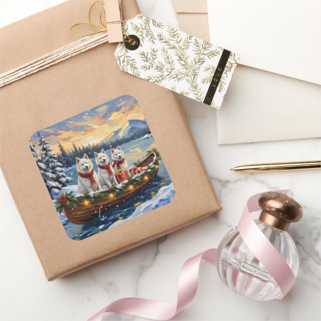 Adesivo Quadrado White American Eskimo Dog Christmas Boat Holiday (Presentear)