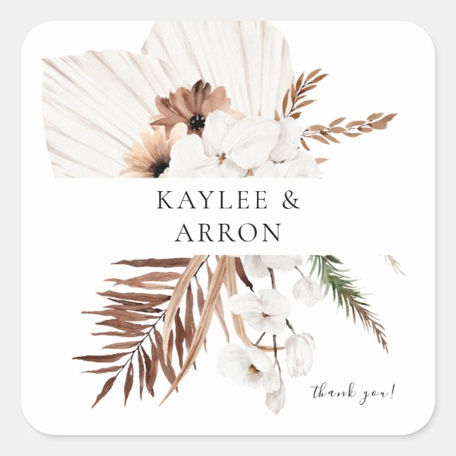Adesivo Quadrado White Boho e Beige Floral Obrigado (Frente)