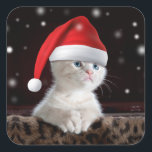 Adesivo Quadrado White Cat in Santa Claus Hat<br><div class="desc">cat christmas kitten kitty, 
fashion pets cool happy, 
small sweet beauty little , 
snow red humor baby, 
merry costume fluffy furry, 
pet beautiful feline animal, 
adorable white hat cap , 
funny xmas santa winter , 
claus cute holiday white, 
cat christmas kitten kitty, </div>