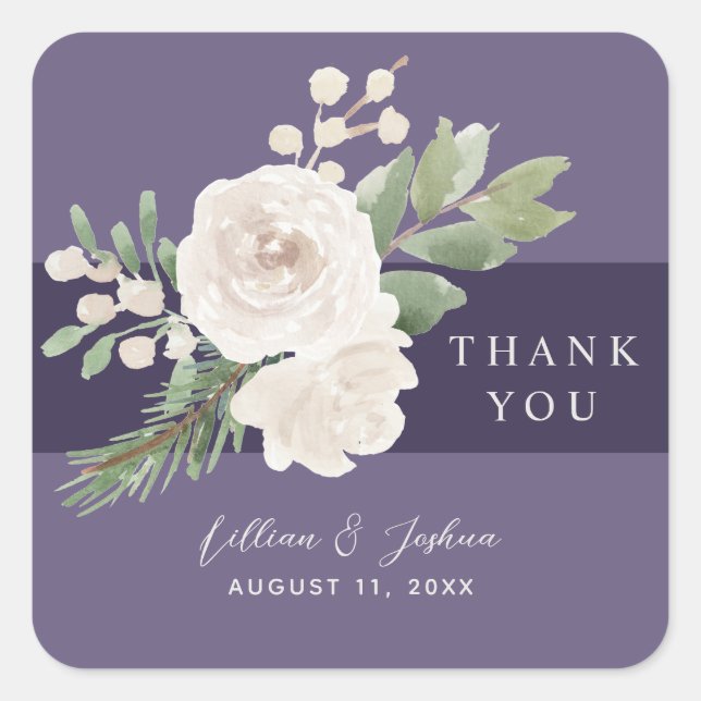 Adesivo Quadrado White Floral Winter Greenery Wedding Thank You (Frente)