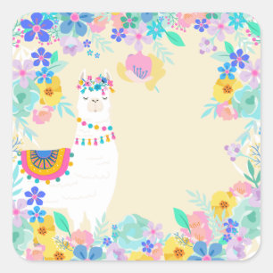 Adesivo Quadrado White Llama e Rainbow Fiesta Cinco de Mayo 