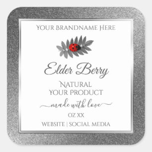 Adesivo Quadrado White Silver Glitter Product Labels Red Ladybug