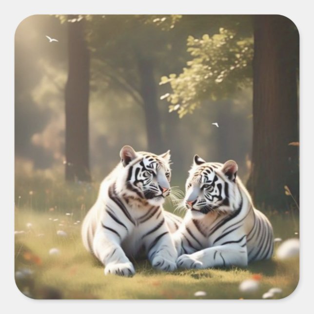 Adesivo Quadrado White Tigers Serenity – Minimal Wildlife Sticker (Frente)