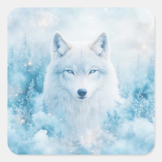 Adesivo Quadrado White Wolf Portrait with Blue Eyes in Snowy Forest (Frente)