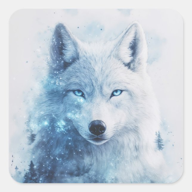 Adesivo Quadrado White Wolf Portrait with Piercing Blue Eyes (Frente)