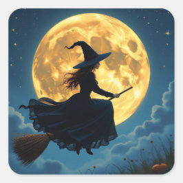 Adesivo Quadrado Wicked Halloween | Bruxa com vassoura e lua cheia