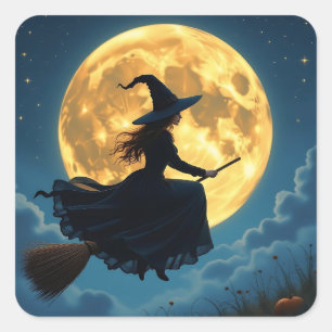 Adesivo Quadrado Wicked Halloween Bruxa com vassoura e lua cheia