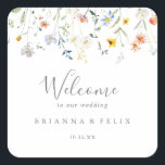 Adesivo Quadrado Wild Multicolor Floral Wedding Bem-vindo<br><div class="desc">Este adesivo floral multicolorido de boas-vindas é perfeito para um casamento rústico. A design apresenta flores elegantes,  cor-de-água,  cor-de-rosa,  pincelada,  roxa,  marinho e branca,  com folhas verdes esmeraldas. Estas etiquetas são perfeitas para sacos de boas-vindas de hotéis e casamentos de destino.</div>