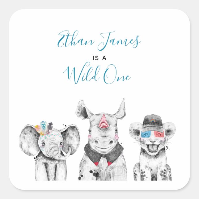 Adesivo Quadrado Wild One Animal Safari Black White Birthday (Frente)