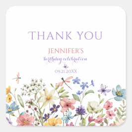Adesivo Quadrado Wildflower Girl 1st Birthday Thank You Sticker