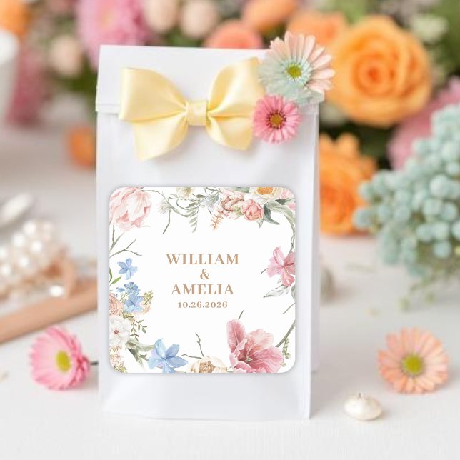 Adesivo Quadrado Wildflowers Pastel Floral Garden Party  Wedding (Criador carregado)